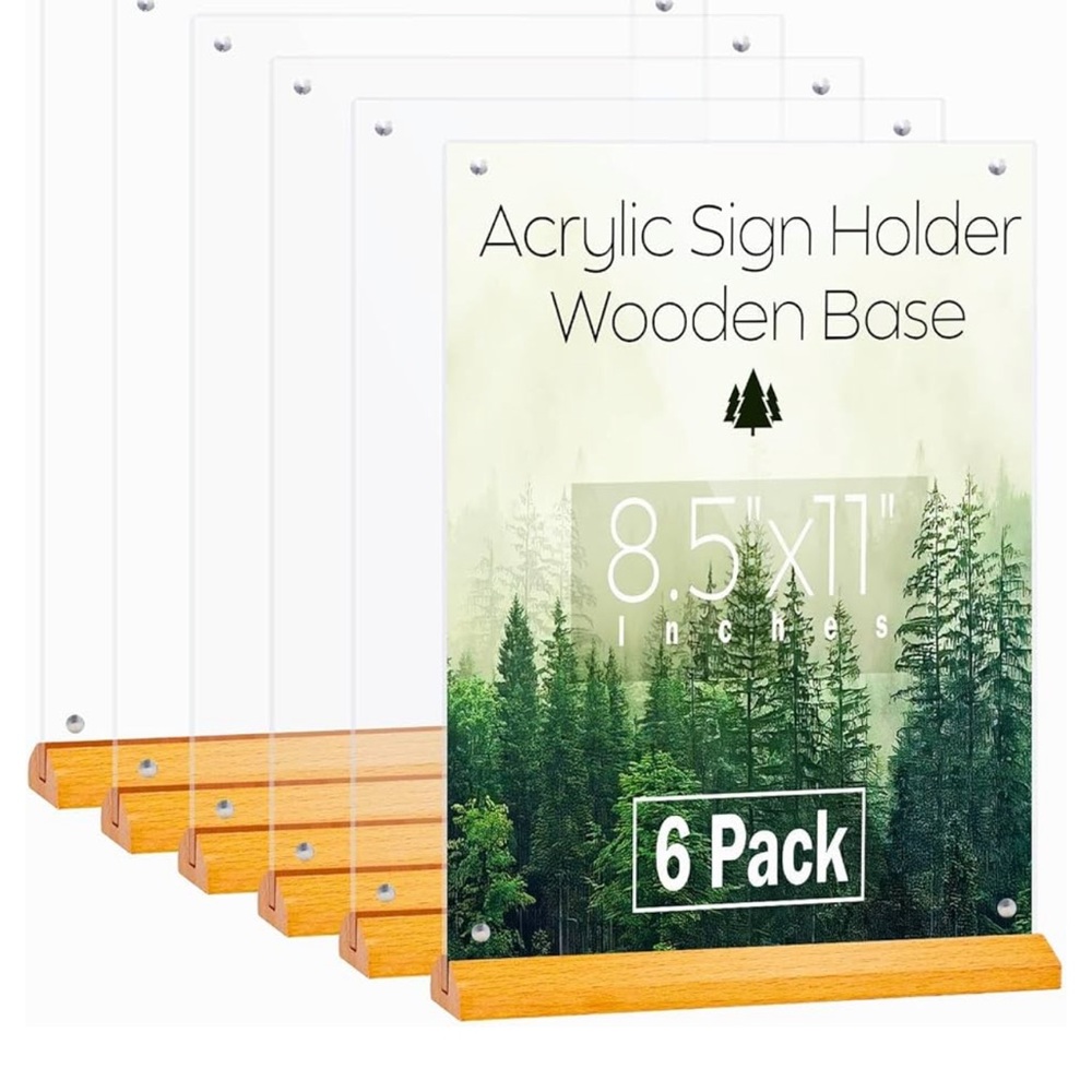 Acrylic Sign Holder with Wooden Base - 6 Pack